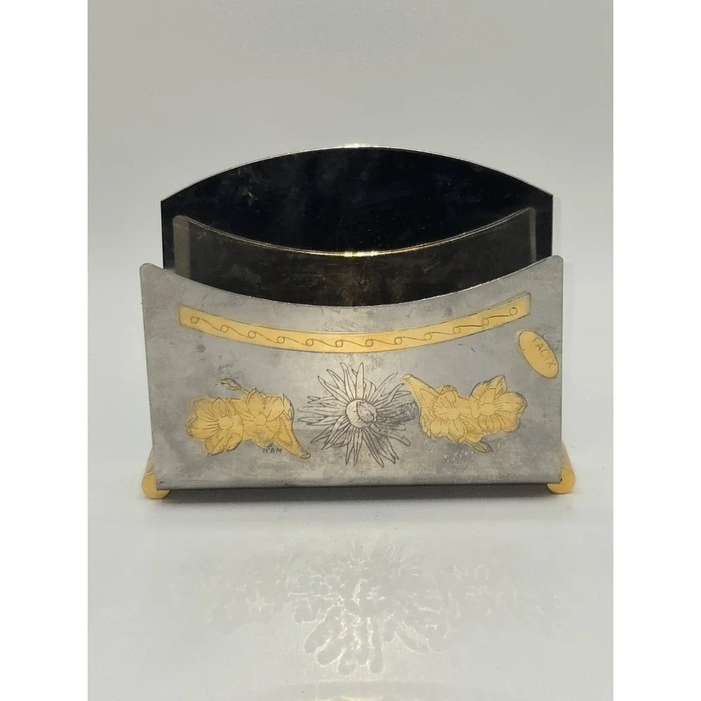 Vintage Stainless Steel Letter Holder 24K Gold Floral Desk Organizer Mail Rack